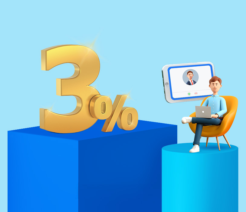 Disegno 3D che rappresenta un 3% posizionato a fianco al Direct Banker seduto in poltrona che colloquia a distanza con il cliente.